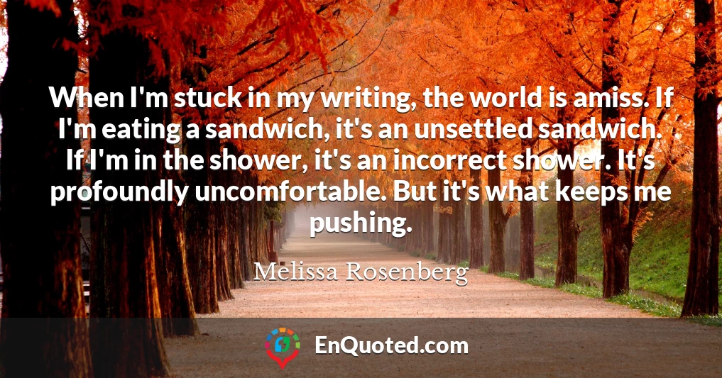 When I'm stuck in my writing, the world is amiss. If I'm eating a sandwich, it's an unsettled sandwich. If I'm in the shower, it's an incorrect shower. It's profoundly uncomfortable. But it's what keeps me pushing.