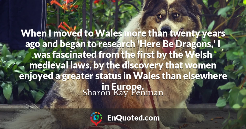 When I moved to Wales more than twenty years ago and began to research 'Here Be Dragons,' I was fascinated from the first by the Welsh medieval laws, by the discovery that women enjoyed a greater status in Wales than elsewhere in Europe.