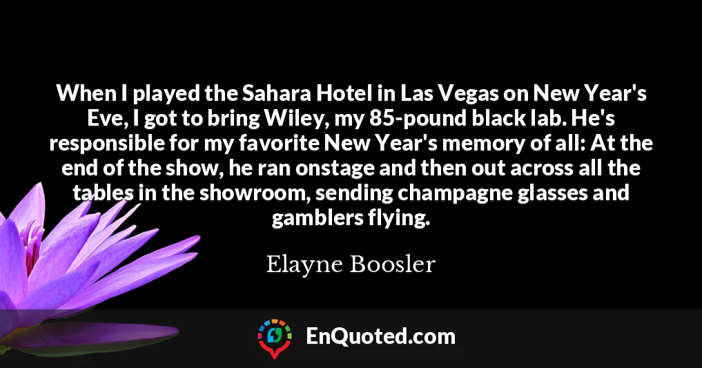 When I played the Sahara Hotel in Las Vegas on New Year's Eve, I got to bring Wiley, my 85-pound black lab. He's responsible for my favorite New Year's memory of all: At the end of the show, he ran onstage and then out across all the tables in the showroom, sending champagne glasses and gamblers flying.