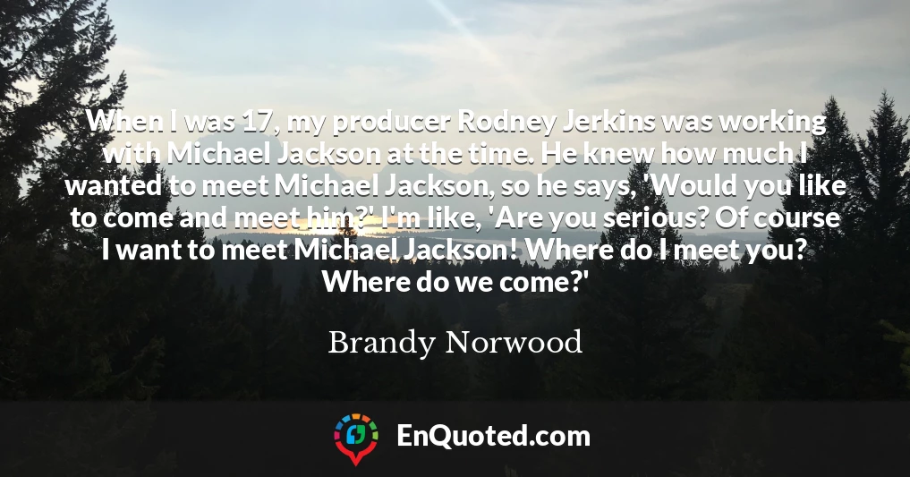 When I was 17, my producer Rodney Jerkins was working with Michael Jackson at the time. He knew how much I wanted to meet Michael Jackson, so he says, 'Would you like to come and meet him?' I'm like, 'Are you serious? Of course I want to meet Michael Jackson! Where do I meet you? Where do we come?'