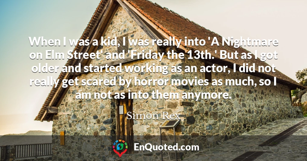 When I was a kid, I was really into 'A Nightmare on Elm Street' and 'Friday the 13th.' But as I got older and started working as an actor, I did not really get scared by horror movies as much, so I am not as into them anymore.