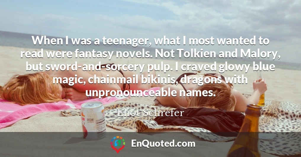 When I was a teenager, what I most wanted to read were fantasy novels. Not Tolkien and Malory, but sword-and-sorcery pulp. I craved glowy blue magic, chainmail bikinis, dragons with unpronounceable names.