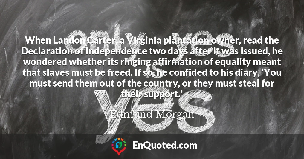 When Landon Carter, a Virginia plantation owner, read the Declaration of Independence two days after it was issued, he wondered whether its ringing affirmation of equality meant that slaves must be freed. If so, he confided to his diary, 'You must send them out of the country, or they must steal for their support.'