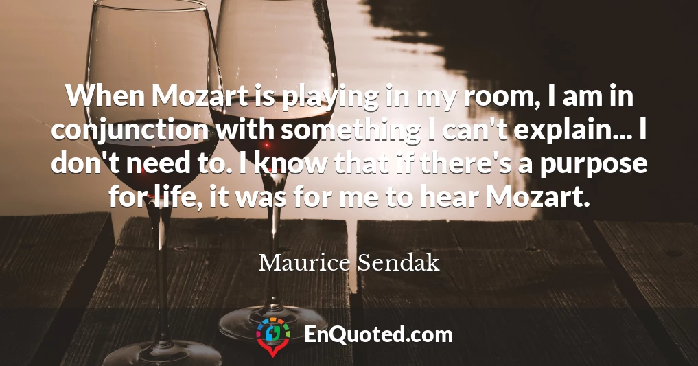 When Mozart is playing in my room, I am in conjunction with something I can't explain... I don't need to. I know that if there's a purpose for life, it was for me to hear Mozart.