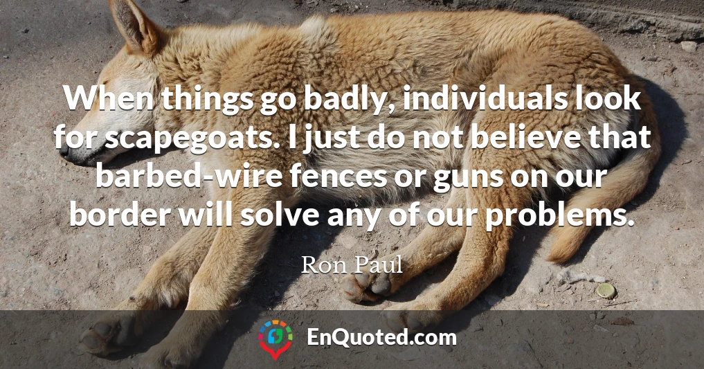 When things go badly, individuals look for scapegoats. I just do not believe that barbed-wire fences or guns on our border will solve any of our problems.