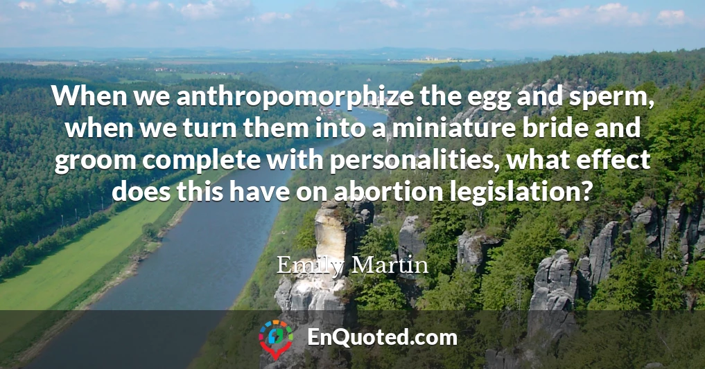 When we anthropomorphize the egg and sperm, when we turn them into a miniature bride and groom complete with personalities, what effect does this have on abortion legislation?