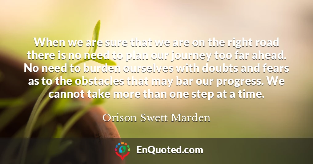 When we are sure that we are on the right road there is no need to plan our journey too far ahead. No need to burden ourselves with doubts and fears as to the obstacles that may bar our progress. We cannot take more than one step at a time.