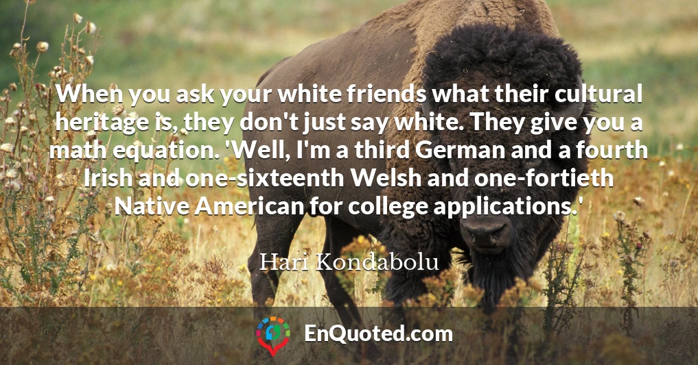 When you ask your white friends what their cultural heritage is, they don't just say white. They give you a math equation. 'Well, I'm a third German and a fourth Irish and one-sixteenth Welsh and one-fortieth Native American for college applications.'
