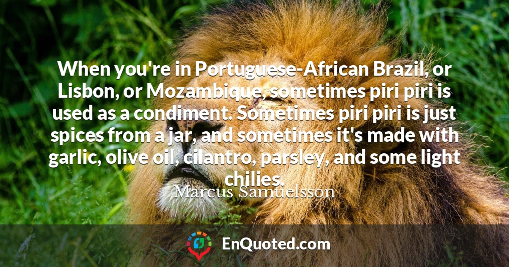 When you're in Portuguese-African Brazil, or Lisbon, or Mozambique, sometimes piri piri is used as a condiment. Sometimes piri piri is just spices from a jar, and sometimes it's made with garlic, olive oil, cilantro, parsley, and some light chilies.