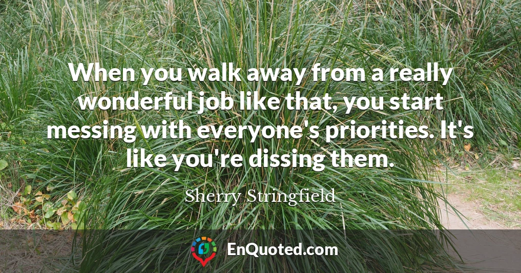 When you walk away from a really wonderful job like that, you start messing with everyone's priorities. It's like you're dissing them.