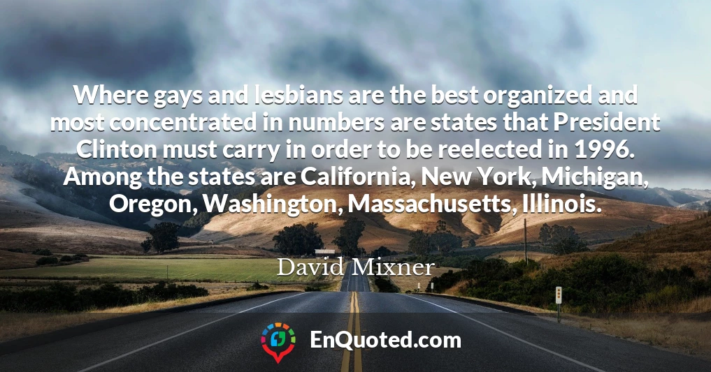 Where gays and lesbians are the best organized and most concentrated in numbers are states that President Clinton must carry in order to be reelected in 1996. Among the states are California, New York, Michigan, Oregon, Washington, Massachusetts, Illinois.
