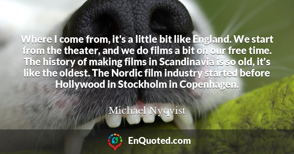 Where I come from, it's a little bit like England. We start from the theater, and we do films a bit on our free time. The history of making films in Scandinavia is so old, it's like the oldest. The Nordic film industry started before Hollywood in Stockholm in Copenhagen.