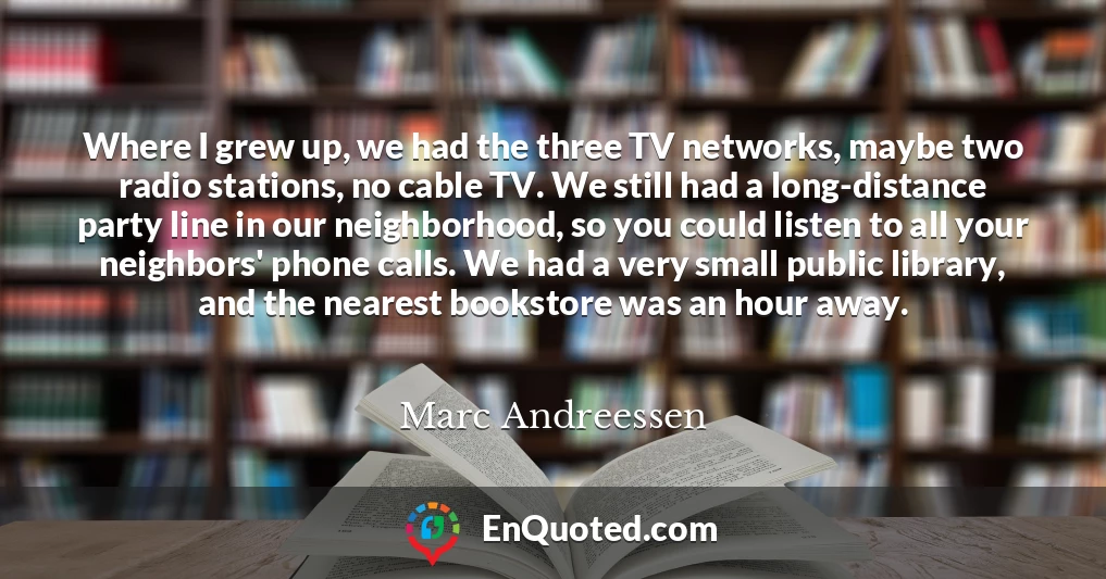 Where I grew up, we had the three TV networks, maybe two radio stations, no cable TV. We still had a long-distance party line in our neighborhood, so you could listen to all your neighbors' phone calls. We had a very small public library, and the nearest bookstore was an hour away.