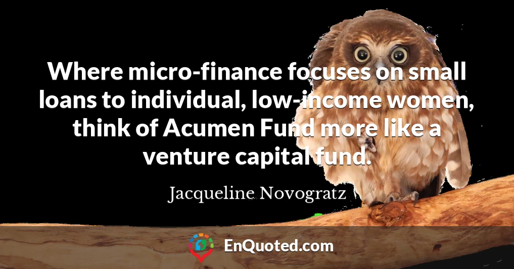 Where micro-finance focuses on small loans to individual, low-income women, think of Acumen Fund more like a venture capital fund.