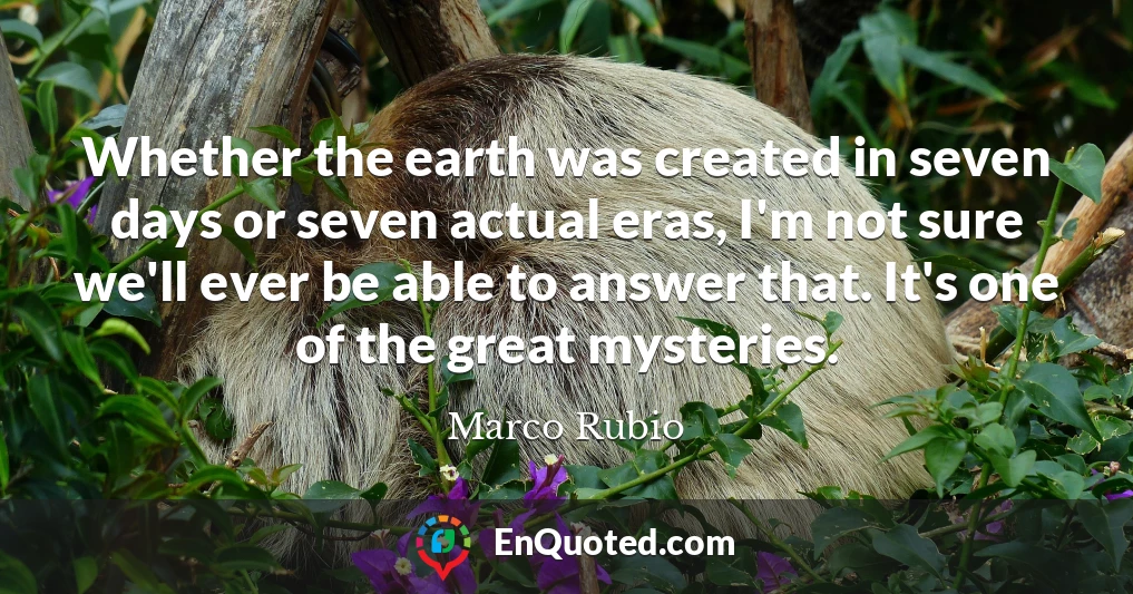 Whether the earth was created in seven days or seven actual eras, I'm not sure we'll ever be able to answer that. It's one of the great mysteries.