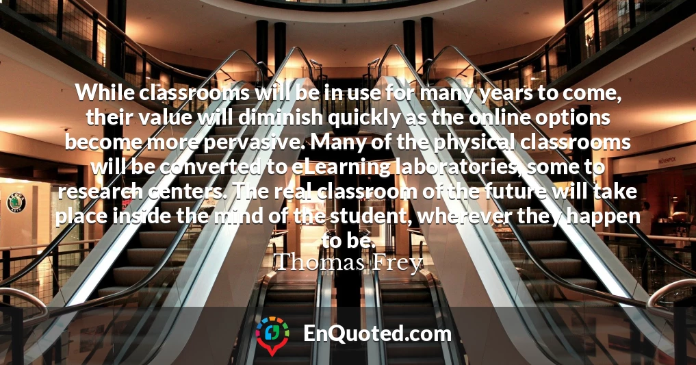 While classrooms will be in use for many years to come, their value will diminish quickly as the online options become more pervasive. Many of the physical classrooms will be converted to eLearning laboratories, some to research centers. The real classroom of the future will take place inside the mind of the student, wherever they happen to be.