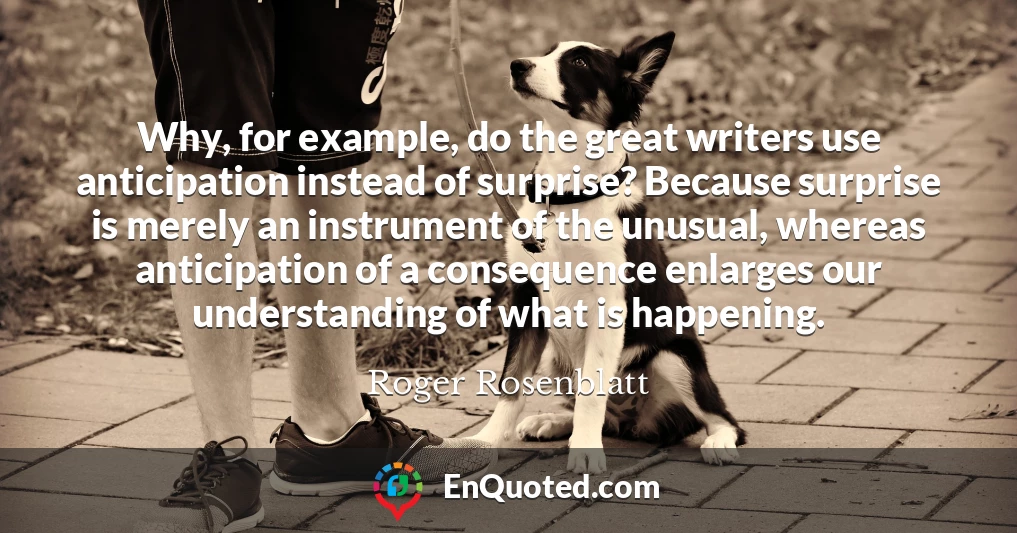 Why, for example, do the great writers use anticipation instead of surprise? Because surprise is merely an instrument of the unusual, whereas anticipation of a consequence enlarges our understanding of what is happening.