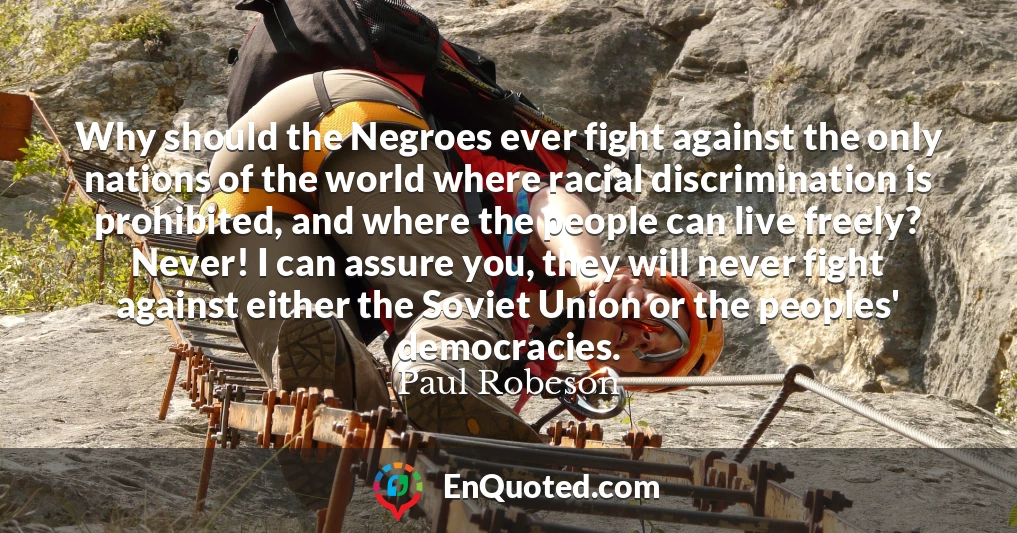 Why should the Negroes ever fight against the only nations of the world where racial discrimination is prohibited, and where the people can live freely? Never! I can assure you, they will never fight against either the Soviet Union or the peoples' democracies.