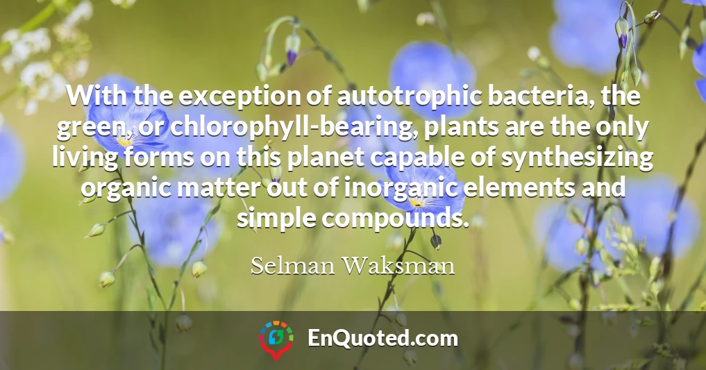 With the exception of autotrophic bacteria, the green, or chlorophyll-bearing, plants are the only living forms on this planet capable of synthesizing organic matter out of inorganic elements and simple compounds.