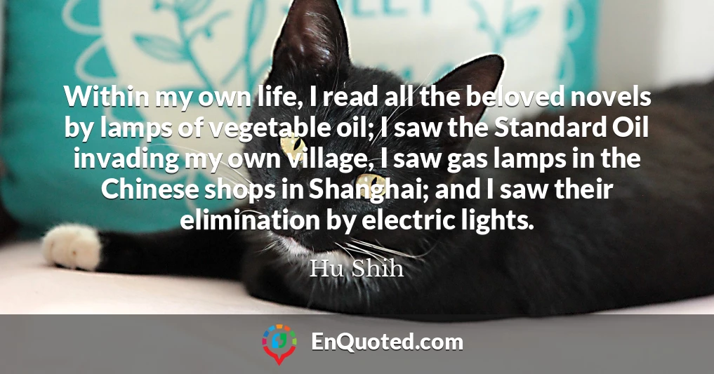 Within my own life, I read all the beloved novels by lamps of vegetable oil; I saw the Standard Oil invading my own village, I saw gas lamps in the Chinese shops in Shanghai; and I saw their elimination by electric lights.