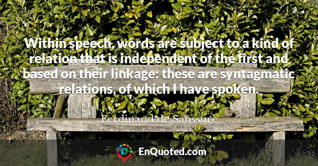 Within speech, words are subject to a kind of relation that is independent of the first and based on their linkage: these are syntagmatic relations, of which I have spoken.