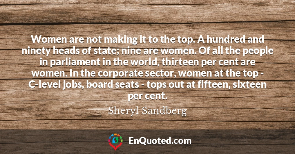 Women are not making it to the top. A hundred and ninety heads of state; nine are women. Of all the people in parliament in the world, thirteen per cent are women. In the corporate sector, women at the top - C-level jobs, board seats - tops out at fifteen, sixteen per cent.