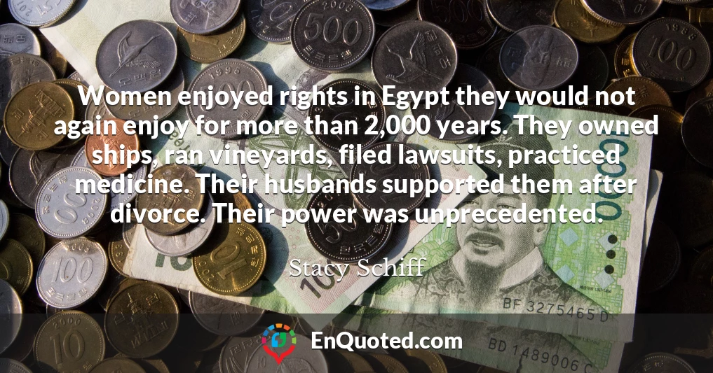 Women enjoyed rights in Egypt they would not again enjoy for more than 2,000 years. They owned ships, ran vineyards, filed lawsuits, practiced medicine. Their husbands supported them after divorce. Their power was unprecedented.