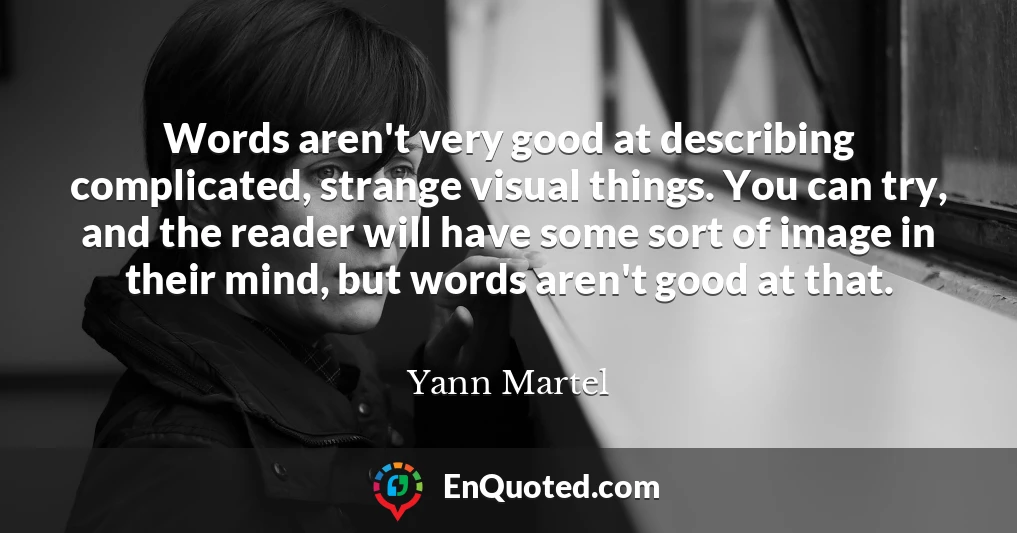 Words aren't very good at describing complicated, strange visual things. You can try, and the reader will have some sort of image in their mind, but words aren't good at that.