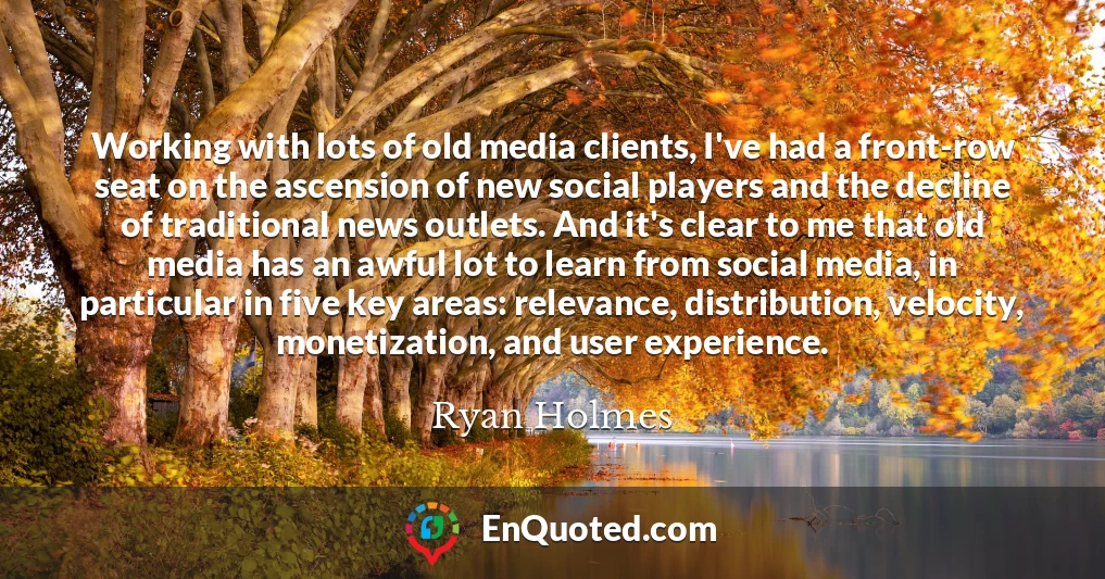 Working with lots of old media clients, I've had a front-row seat on the ascension of new social players and the decline of traditional news outlets. And it's clear to me that old media has an awful lot to learn from social media, in particular in five key areas: relevance, distribution, velocity, monetization, and user experience.