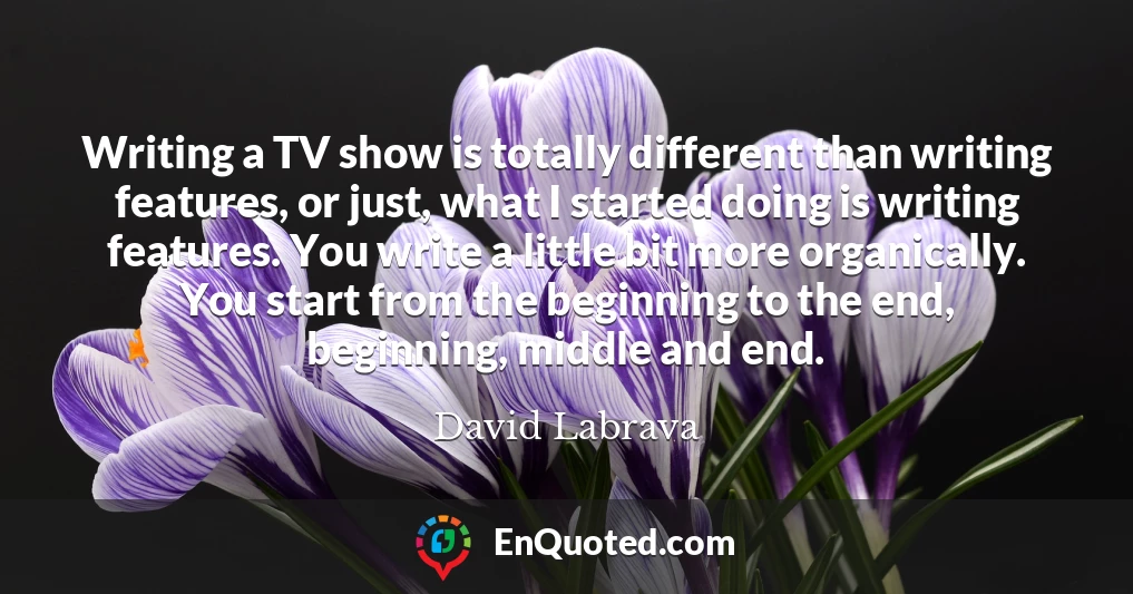 Writing a TV show is totally different than writing features, or just, what I started doing is writing features. You write a little bit more organically. You start from the beginning to the end, beginning, middle and end.