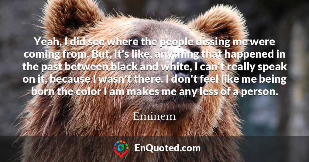 Yeah, I did see where the people dissing me were coming from. But, it's like, anything that happened in the past between black and white, I can't really speak on it, because I wasn't there. I don't feel like me being born the color I am makes me any less of a person.