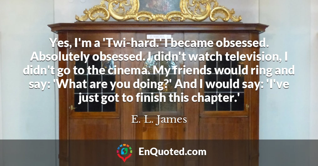 Yes, I'm a 'Twi-hard.' I became obsessed. Absolutely obsessed. I didn't watch television, I didn't go to the cinema. My friends would ring and say: 'What are you doing?' And I would say: 'I've just got to finish this chapter.'