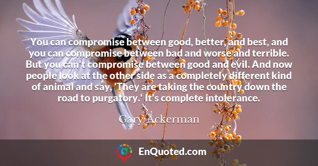 You can compromise between good, better, and best, and you can compromise between bad and worse and terrible. But you can't compromise between good and evil. And now people look at the other side as a completely different kind of animal and say, 'They are taking the country down the road to purgatory.' It's complete intolerance.