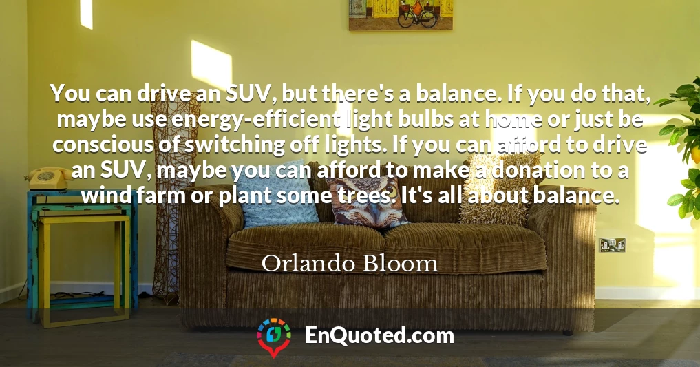 You can drive an SUV, but there's a balance. If you do that, maybe use energy-efficient light bulbs at home or just be conscious of switching off lights. If you can afford to drive an SUV, maybe you can afford to make a donation to a wind farm or plant some trees. It's all about balance.