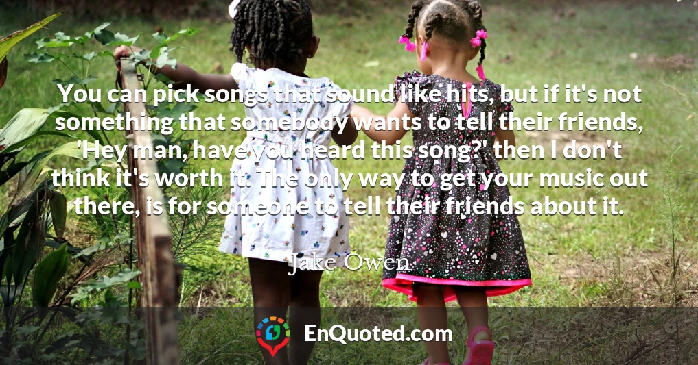 You can pick songs that sound like hits, but if it's not something that somebody wants to tell their friends, 'Hey man, have you heard this song?' then I don't think it's worth it. The only way to get your music out there, is for someone to tell their friends about it.