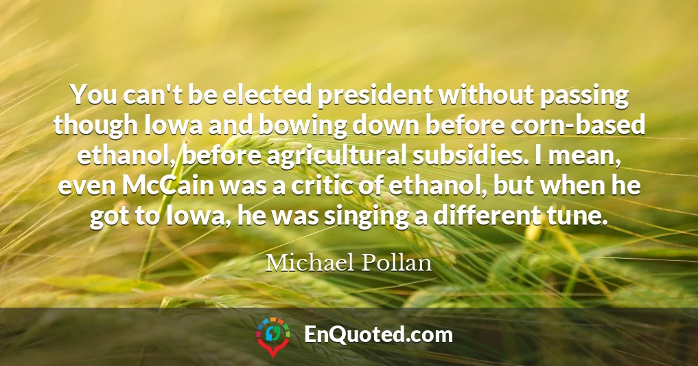 You can't be elected president without passing though Iowa and bowing down before corn-based ethanol, before agricultural subsidies. I mean, even McCain was a critic of ethanol, but when he got to Iowa, he was singing a different tune.