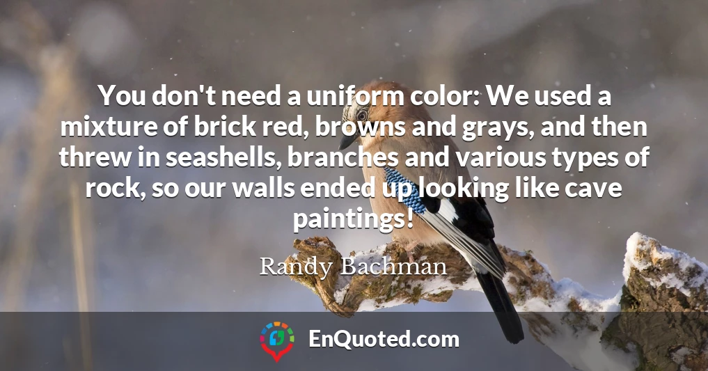 You don't need a uniform color: We used a mixture of brick red, browns and grays, and then threw in seashells, branches and various types of rock, so our walls ended up looking like cave paintings!