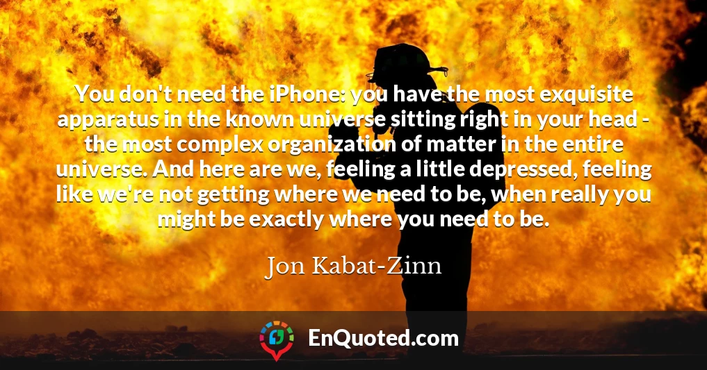 You don't need the iPhone: you have the most exquisite apparatus in the known universe sitting right in your head - the most complex organization of matter in the entire universe. And here are we, feeling a little depressed, feeling like we're not getting where we need to be, when really you might be exactly where you need to be.