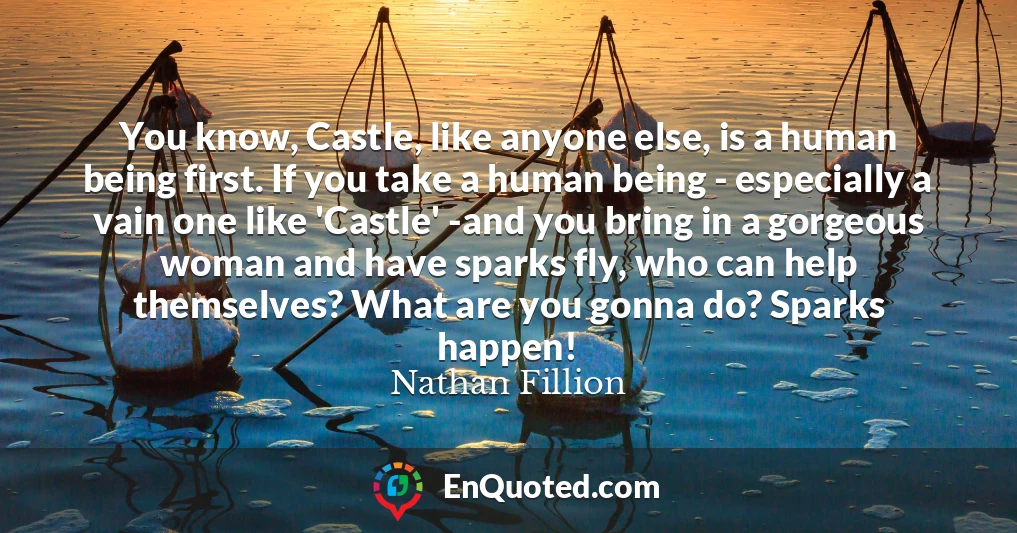 You know, Castle, like anyone else, is a human being first. If you take a human being - especially a vain one like 'Castle' -and you bring in a gorgeous woman and have sparks fly, who can help themselves? What are you gonna do? Sparks happen!