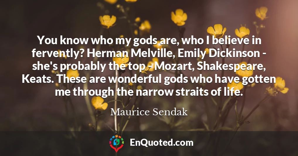 You know who my gods are, who I believe in fervently? Herman Melville, Emily Dickinson - she's probably the top - Mozart, Shakespeare, Keats. These are wonderful gods who have gotten me through the narrow straits of life.