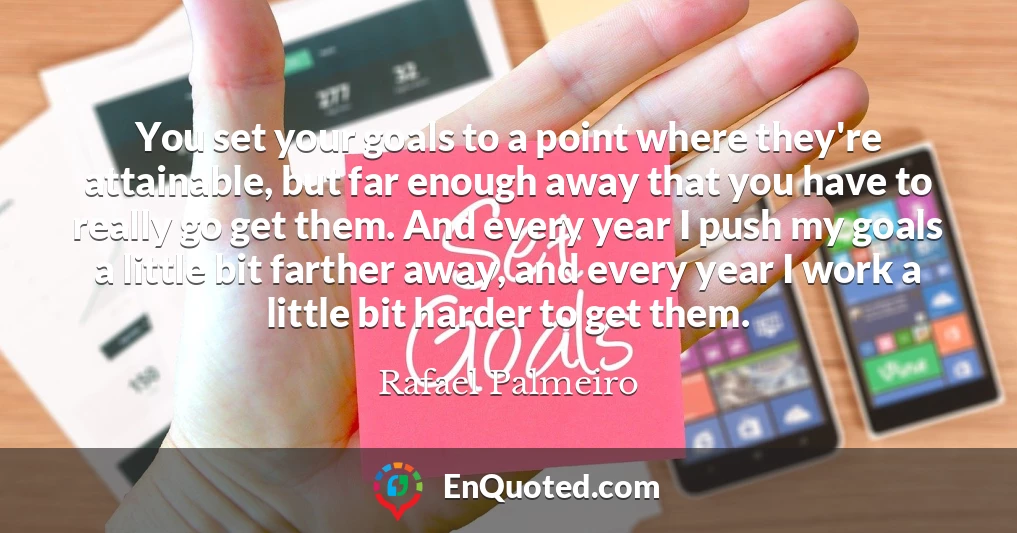 You set your goals to a point where they're attainable, but far enough away that you have to really go get them. And every year I push my goals a little bit farther away, and every year I work a little bit harder to get them.