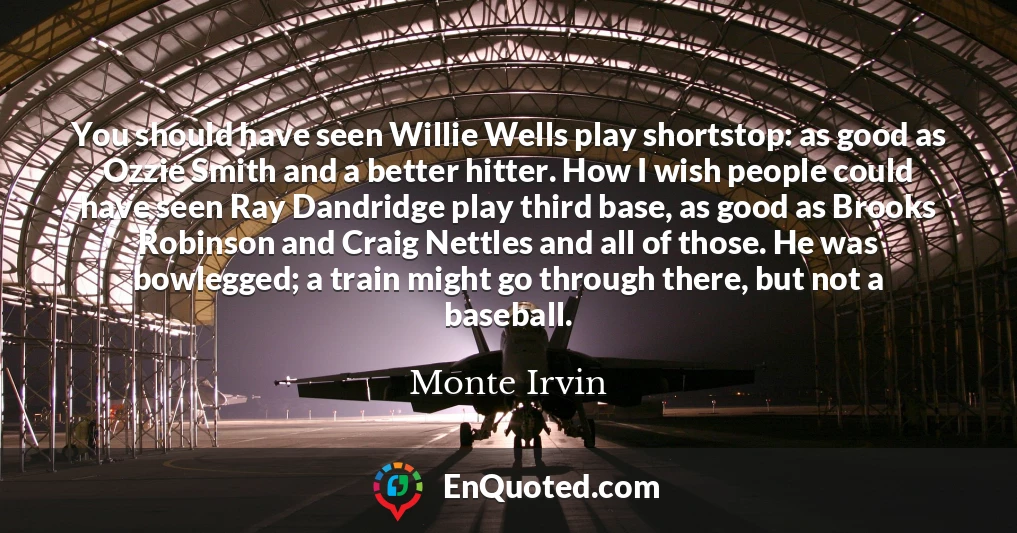 You should have seen Willie Wells play shortstop: as good as Ozzie Smith and a better hitter. How I wish people could have seen Ray Dandridge play third base, as good as Brooks Robinson and Craig Nettles and all of those. He was bowlegged; a train might go through there, but not a baseball.