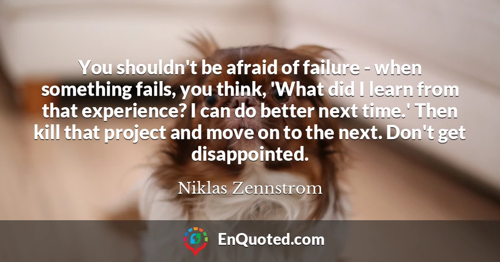 You shouldn't be afraid of failure - when something fails, you think, 'What did I learn from that experience? I can do better next time.' Then kill that project and move on to the next. Don't get disappointed.