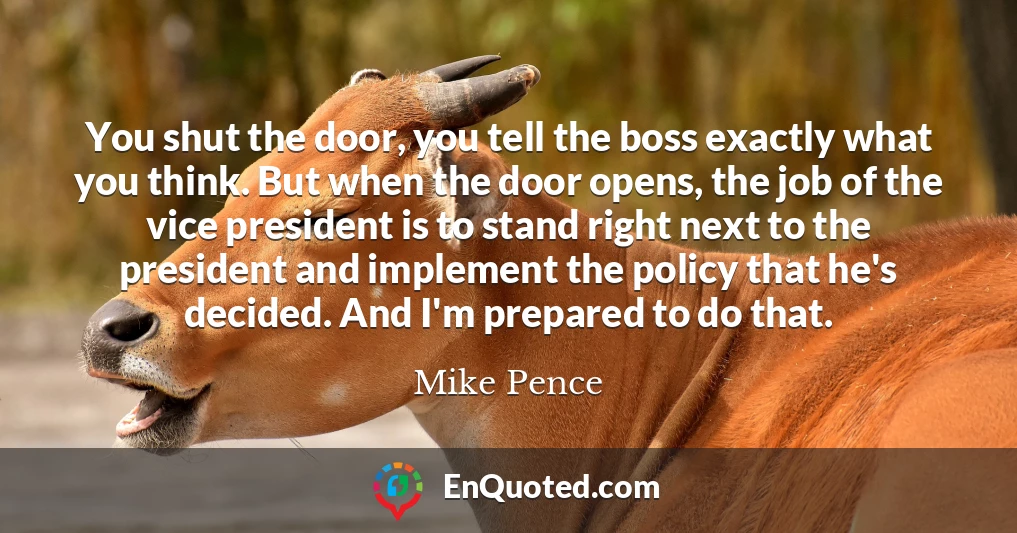 You shut the door, you tell the boss exactly what you think. But when the door opens, the job of the vice president is to stand right next to the president and implement the policy that he's decided. And I'm prepared to do that.