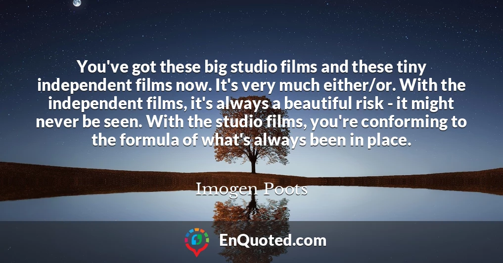 You've got these big studio films and these tiny independent films now. It's very much either/or. With the independent films, it's always a beautiful risk - it might never be seen. With the studio films, you're conforming to the formula of what's always been in place.